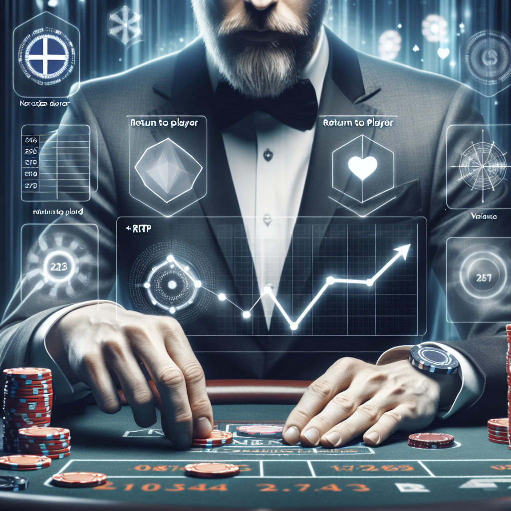 Nærbilde av en norsk spiller ved casinobord, fokus på hender og statistikk, grafiske ikoner for RTP og varians i bakgrunnen, moderne og profesjonell stil