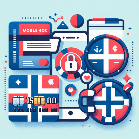 Oversiktlig og moderne illustrasjon av betaling i nettcasino: mobil, bankkort, e-lommebok-ikoner og lås-symbol for sikkerhet, norsk fargepalett
