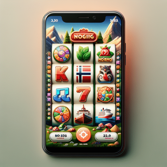 Norsk nettcasino-spilleautomat med levende temaer, fargerike symboler, bonusrunde-ikon og mobilskjerm i moderne stil, høykvalitets digital illustrasjon