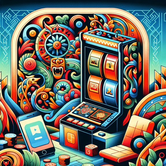 Illustrasjon av moderne spilleautomat på nett, fargerike hjul, symboler som wild og scatter, mobil og PC ved siden av, norsk stilisert bakgrunn