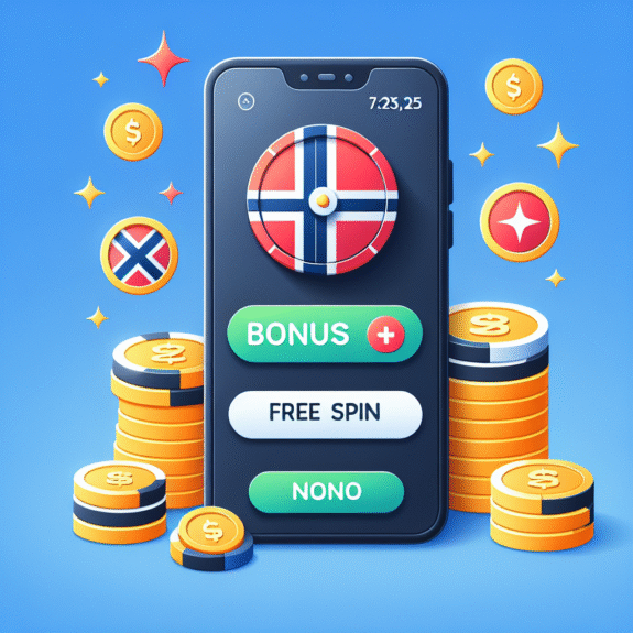 Moderne og ryddig illustrasjon av casinobonus: mobilskjerm med bonustilbud, mynter og gratisspinn-ikoner, norsk fargetone, flat design