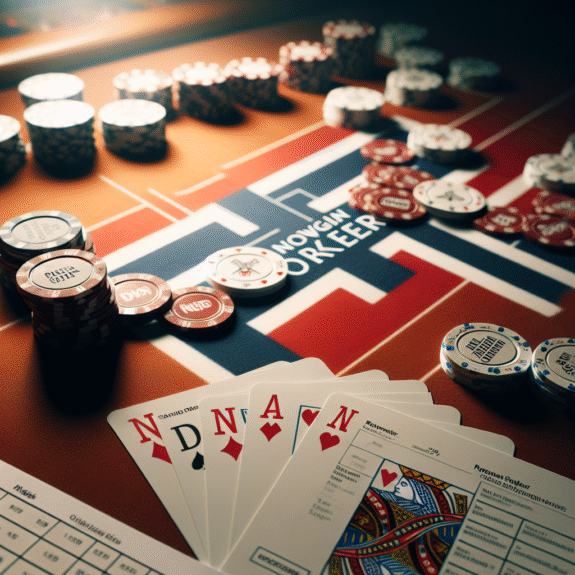 Norsk pokerstrategi: nærbilde av pokerhender og notater på et norsk online-casino-bord, dempet belysning, profesjonell, strategikart
