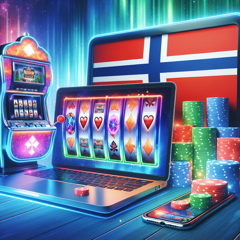Et fargerikt digitalt bilde av en online slot-turnering: mobil og laptop med spilleautomater, leaderboard i bakgrunnen, norske flaggdetaljer, moderne og profesjonelt